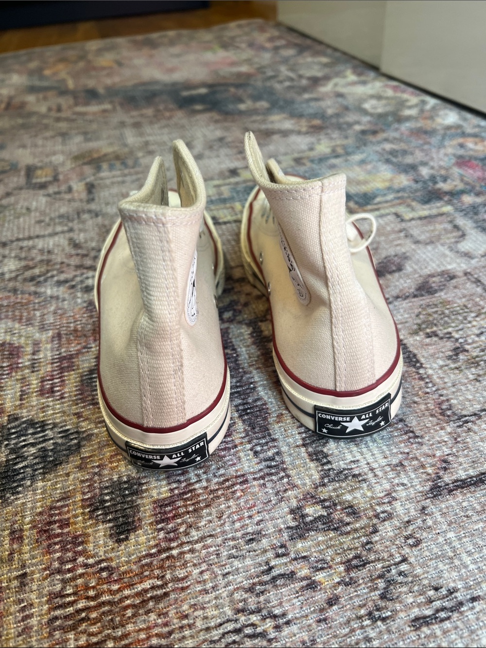 Converse High-Top Sneakers in Cream with Burgundy Stripe - Picture 7 of 8